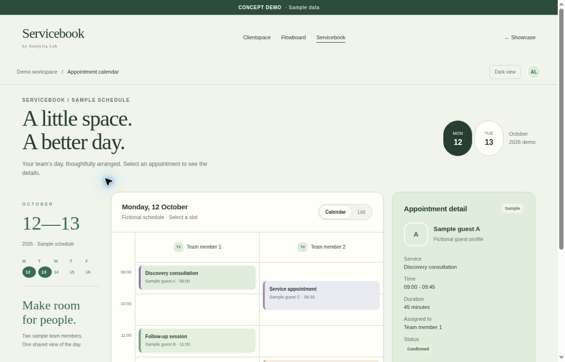Servicebook original illustrative interface concept with fictional data