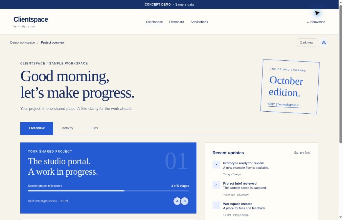 Clientspace original illustrative interface concept with fictional data